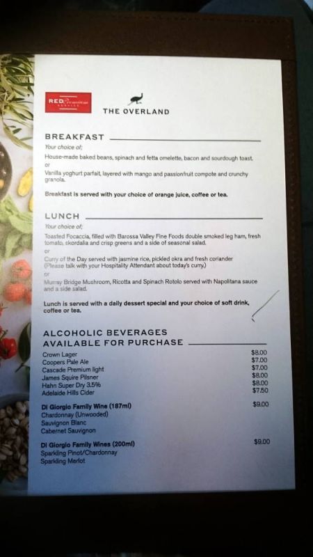The Overland Menu
Menu for breakfast and lunch onboard The Overland
